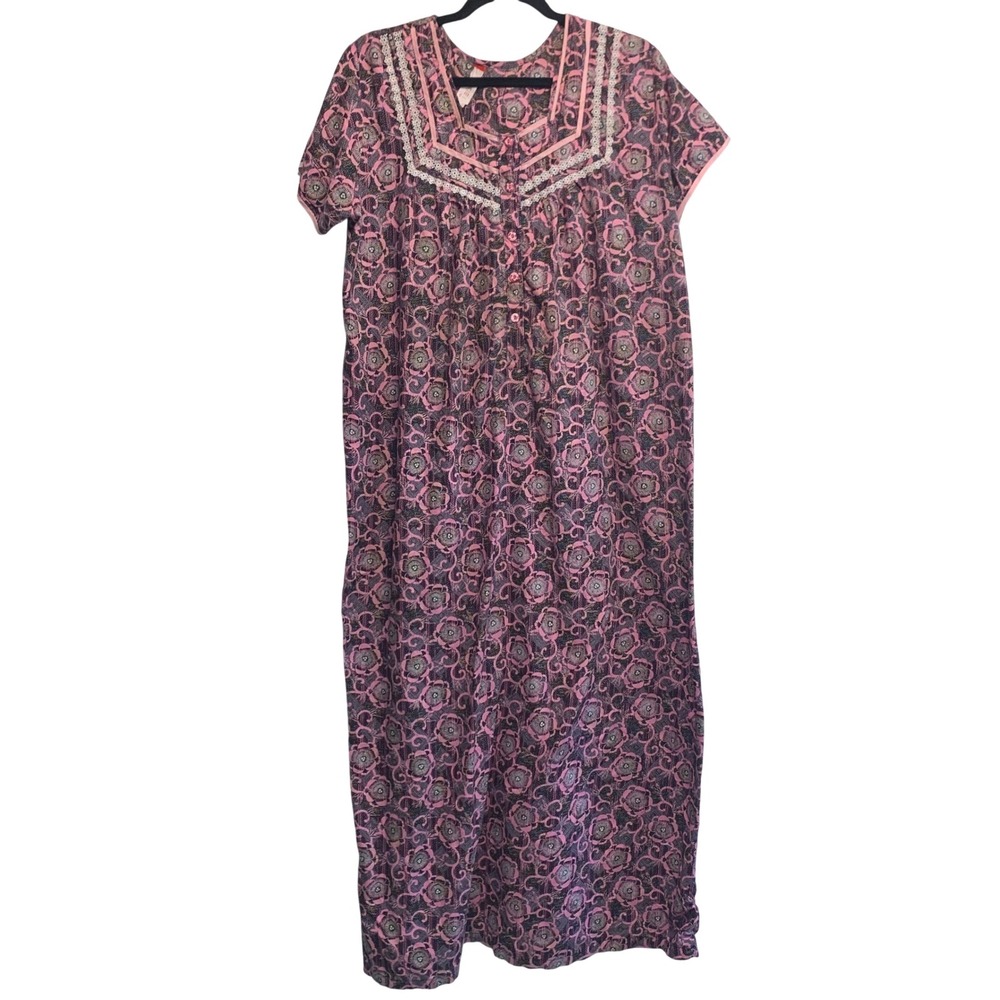 VTG Juliet kaftan Gown Large Pink Purple Floral Paisley Lace Maxi House Dress